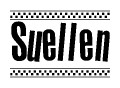The image is a black and white clipart of the text Suellen in a bold, italicized font. The text is bordered by a dotted line on the top and bottom, and there are checkered flags positioned at both ends of the text, usually associated with racing or finishing lines.