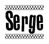 The clipart image displays the text Serge in a bold, stylized font. It is enclosed in a rectangular border with a checkerboard pattern running below and above the text, similar to a finish line in racing. 