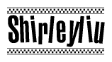 The image is a black and white clipart of the text Shirleyliu in a bold, italicized font. The text is bordered by a dotted line on the top and bottom, and there are checkered flags positioned at both ends of the text, usually associated with racing or finishing lines.