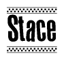 The image is a black and white clipart of the text Stace in a bold, italicized font. The text is bordered by a dotted line on the top and bottom, and there are checkered flags positioned at both ends of the text, usually associated with racing or finishing lines.