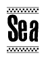The image is a black and white clipart of the text Sea in a bold, italicized font. The text is bordered by a dotted line on the top and bottom, and there are checkered flags positioned at both ends of the text, usually associated with racing or finishing lines.