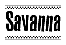 The image contains the text Savanna in a bold, stylized font, with a checkered flag pattern bordering the top and bottom of the text.