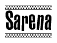 The clipart image displays the text Sarena in a bold, stylized font. It is enclosed in a rectangular border with a checkerboard pattern running below and above the text, similar to a finish line in racing. 