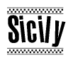 The image contains the text Sicily in a bold, stylized font, with a checkered flag pattern bordering the top and bottom of the text.