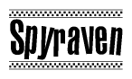 The image is a black and white clipart of the text Spyraven in a bold, italicized font. The text is bordered by a dotted line on the top and bottom, and there are checkered flags positioned at both ends of the text, usually associated with racing or finishing lines.
