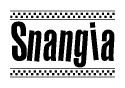 The image is a black and white clipart of the text Snangia in a bold, italicized font. The text is bordered by a dotted line on the top and bottom, and there are checkered flags positioned at both ends of the text, usually associated with racing or finishing lines.