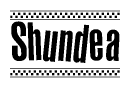The image contains the text Shundea in a bold, stylized font, with a checkered flag pattern bordering the top and bottom of the text.