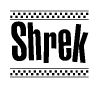 The image contains the text Shrek in a bold, stylized font, with a checkered flag pattern bordering the top and bottom of the text.