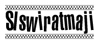 The image is a black and white clipart of the text Slswiratmaji in a bold, italicized font. The text is bordered by a dotted line on the top and bottom, and there are checkered flags positioned at both ends of the text, usually associated with racing or finishing lines.