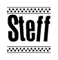 The image is a black and white clipart of the text Steff in a bold, italicized font. The text is bordered by a dotted line on the top and bottom, and there are checkered flags positioned at both ends of the text, usually associated with racing or finishing lines.