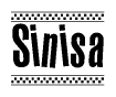 The image is a black and white clipart of the text Sinisa in a bold, italicized font. The text is bordered by a dotted line on the top and bottom, and there are checkered flags positioned at both ends of the text, usually associated with racing or finishing lines.
