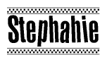 The image is a black and white clipart of the text Stephahie in a bold, italicized font. The text is bordered by a dotted line on the top and bottom, and there are checkered flags positioned at both ends of the text, usually associated with racing or finishing lines.