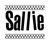 The clipart image displays the text Sallie in a bold, stylized font. It is enclosed in a rectangular border with a checkerboard pattern running below and above the text, similar to a finish line in racing. 