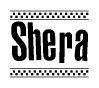 The image is a black and white clipart of the text Shera in a bold, italicized font. The text is bordered by a dotted line on the top and bottom, and there are checkered flags positioned at both ends of the text, usually associated with racing or finishing lines.