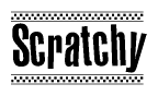 The clipart image displays the text Scratchy in a bold, stylized font. It is enclosed in a rectangular border with a checkerboard pattern running below and above the text, similar to a finish line in racing. 
