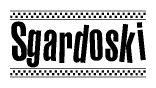 The image contains the text Sgardoski in a bold, stylized font, with a checkered flag pattern bordering the top and bottom of the text.