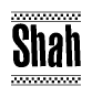 The image is a black and white clipart of the text Shah in a bold, italicized font. The text is bordered by a dotted line on the top and bottom, and there are checkered flags positioned at both ends of the text, usually associated with racing or finishing lines.