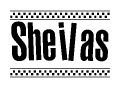 The clipart image displays the text Sheilas in a bold, stylized font. It is enclosed in a rectangular border with a checkerboard pattern running below and above the text, similar to a finish line in racing. 