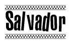 The clipart image displays the text Salvador in a bold, stylized font. It is enclosed in a rectangular border with a checkerboard pattern running below and above the text, similar to a finish line in racing. 