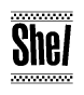The image contains the text Shel in a bold, stylized font, with a checkered flag pattern bordering the top and bottom of the text.
