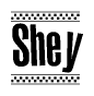 The clipart image displays the text Shey in a bold, stylized font. It is enclosed in a rectangular border with a checkerboard pattern running below and above the text, similar to a finish line in racing. 