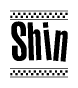 The image is a black and white clipart of the text Shin in a bold, italicized font. The text is bordered by a dotted line on the top and bottom, and there are checkered flags positioned at both ends of the text, usually associated with racing or finishing lines.