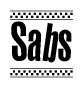 The clipart image displays the text Sabs in a bold, stylized font. It is enclosed in a rectangular border with a checkerboard pattern running below and above the text, similar to a finish line in racing. 