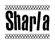 The clipart image displays the text Sharla in a bold, stylized font. It is enclosed in a rectangular border with a checkerboard pattern running below and above the text, similar to a finish line in racing. 
