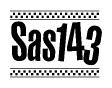 The image contains the text Sas143 in a bold, stylized font, with a checkered flag pattern bordering the top and bottom of the text.