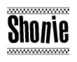 The image contains the text Shonie in a bold, stylized font, with a checkered flag pattern bordering the top and bottom of the text.