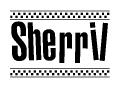 The clipart image displays the text Sherril in a bold, stylized font. It is enclosed in a rectangular border with a checkerboard pattern running below and above the text, similar to a finish line in racing. 