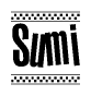 The image contains the text Sumi in a bold, stylized font, with a checkered flag pattern bordering the top and bottom of the text.