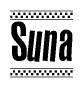 The clipart image displays the text Suna in a bold, stylized font. It is enclosed in a rectangular border with a checkerboard pattern running below and above the text, similar to a finish line in racing. 