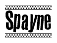 The image contains the text Spayne in a bold, stylized font, with a checkered flag pattern bordering the top and bottom of the text.