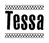 The image is a black and white clipart of the text Tessa in a bold, italicized font. The text is bordered by a dotted line on the top and bottom, and there are checkered flags positioned at both ends of the text, usually associated with racing or finishing lines.
