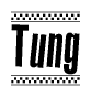 The image is a black and white clipart of the text Tung in a bold, italicized font. The text is bordered by a dotted line on the top and bottom, and there are checkered flags positioned at both ends of the text, usually associated with racing or finishing lines.