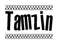 The image contains the text Tamzin in a bold, stylized font, with a checkered flag pattern bordering the top and bottom of the text.