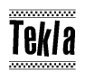 The clipart image displays the text Tekla in a bold, stylized font. It is enclosed in a rectangular border with a checkerboard pattern running below and above the text, similar to a finish line in racing. 