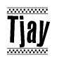 The image is a black and white clipart of the text Tjay in a bold, italicized font. The text is bordered by a dotted line on the top and bottom, and there are checkered flags positioned at both ends of the text, usually associated with racing or finishing lines.