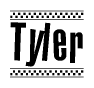 The image is a black and white clipart of the text Tyler in a bold, italicized font. The text is bordered by a dotted line on the top and bottom, and there are checkered flags positioned at both ends of the text, usually associated with racing or finishing lines.
