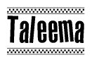 The image contains the text Taleema in a bold, stylized font, with a checkered flag pattern bordering the top and bottom of the text.