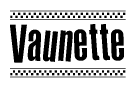 The clipart image displays the text Vaunette in a bold, stylized font. It is enclosed in a rectangular border with a checkerboard pattern running below and above the text, similar to a finish line in racing. 