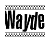 The image contains the text Wayde in a bold, stylized font, with a checkered flag pattern bordering the top and bottom of the text.