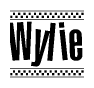 The clipart image displays the text Wylie in a bold, stylized font. It is enclosed in a rectangular border with a checkerboard pattern running below and above the text, similar to a finish line in racing. 