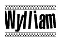 The image contains the text Wylliam in a bold, stylized font, with a checkered flag pattern bordering the top and bottom of the text.