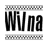 The image is a black and white clipart of the text Wilna in a bold, italicized font. The text is bordered by a dotted line on the top and bottom, and there are checkered flags positioned at both ends of the text, usually associated with racing or finishing lines.