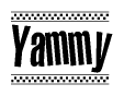 The image is a black and white clipart of the text Yammy in a bold, italicized font. The text is bordered by a dotted line on the top and bottom, and there are checkered flags positioned at both ends of the text, usually associated with racing or finishing lines.