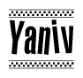 The image contains the text Yaniv in a bold, stylized font, with a checkered flag pattern bordering the top and bottom of the text.