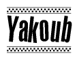 The image contains the text Yakoub in a bold, stylized font, with a checkered flag pattern bordering the top and bottom of the text.