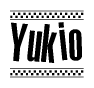 The image is a black and white clipart of the text Yukio in a bold, italicized font. The text is bordered by a dotted line on the top and bottom, and there are checkered flags positioned at both ends of the text, usually associated with racing or finishing lines.